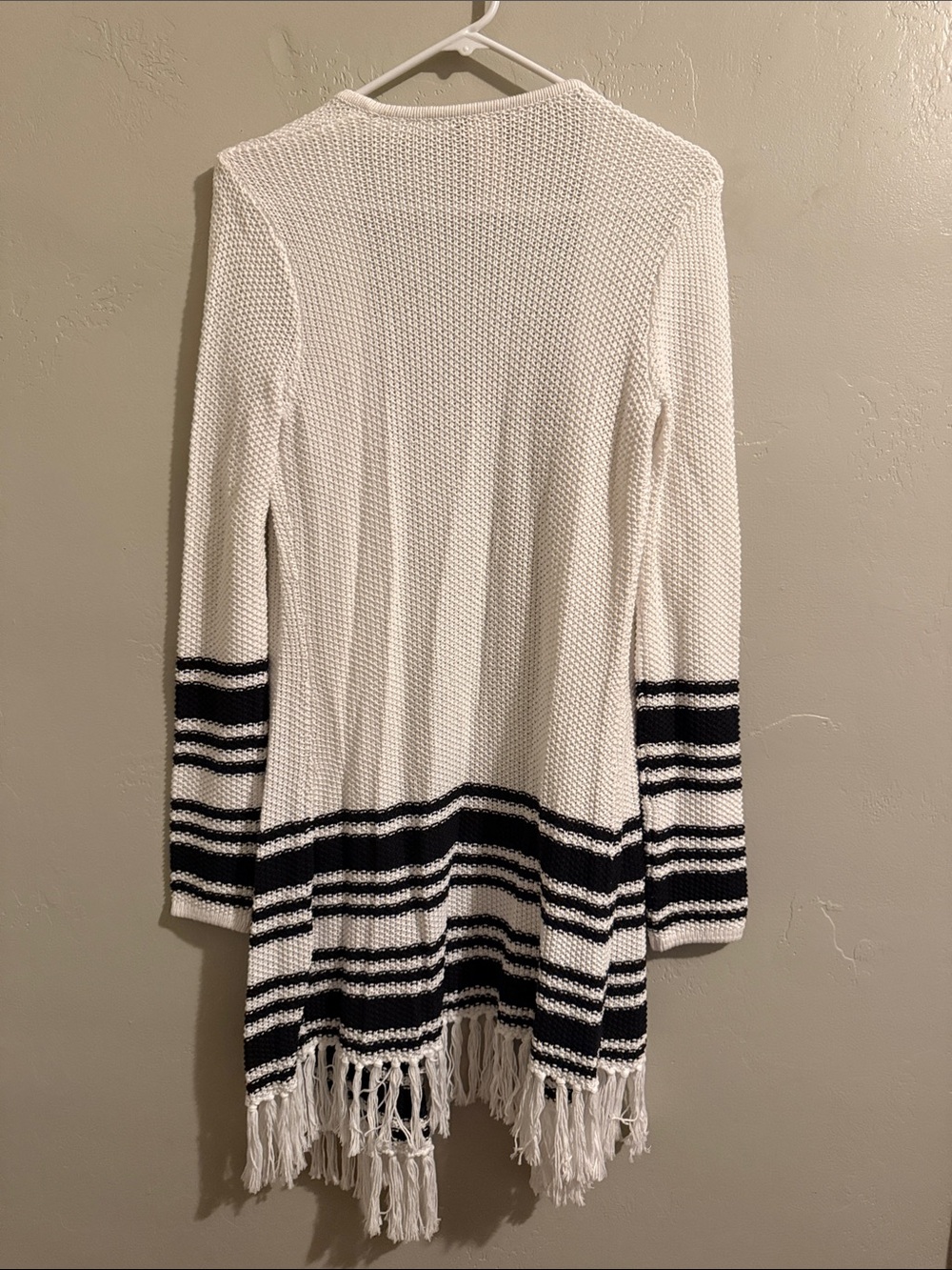 Tommy Bahama White Open-Front Fringe Long Cardigan with Black Stripes - Picture 6 of 7